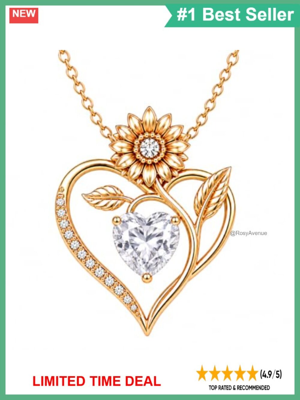 18K Gold Plated Sunflower Heart Birthstone Pendant Necklace